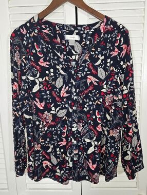 CJ Banks Navy Flowers Birds Long Sleeve Button Front Flowy Relaxed Blouse Sz X